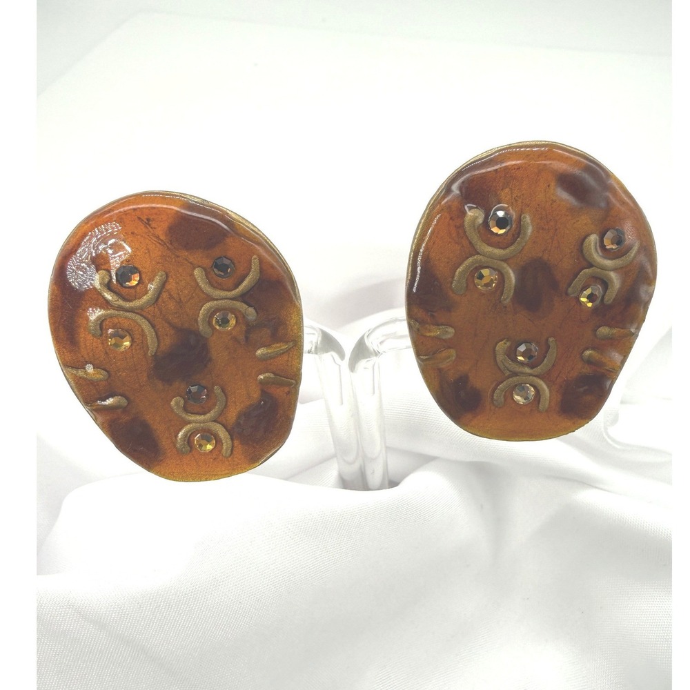 Vintage Statement Style Brown Gold Enamel Rhinestone Oversized Clip On Earrings